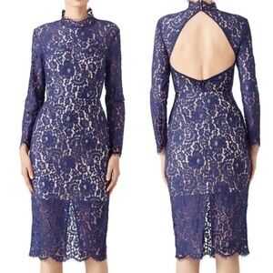 KEEPSAKE The Label Navy Blue Momento Lace Mock Neck Midi Dress